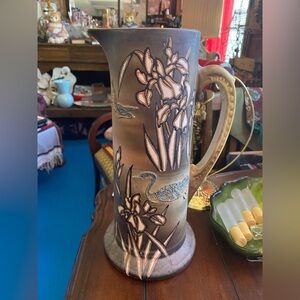 Decorative Bird & Iris Ceramic Vase - Cream and Blue